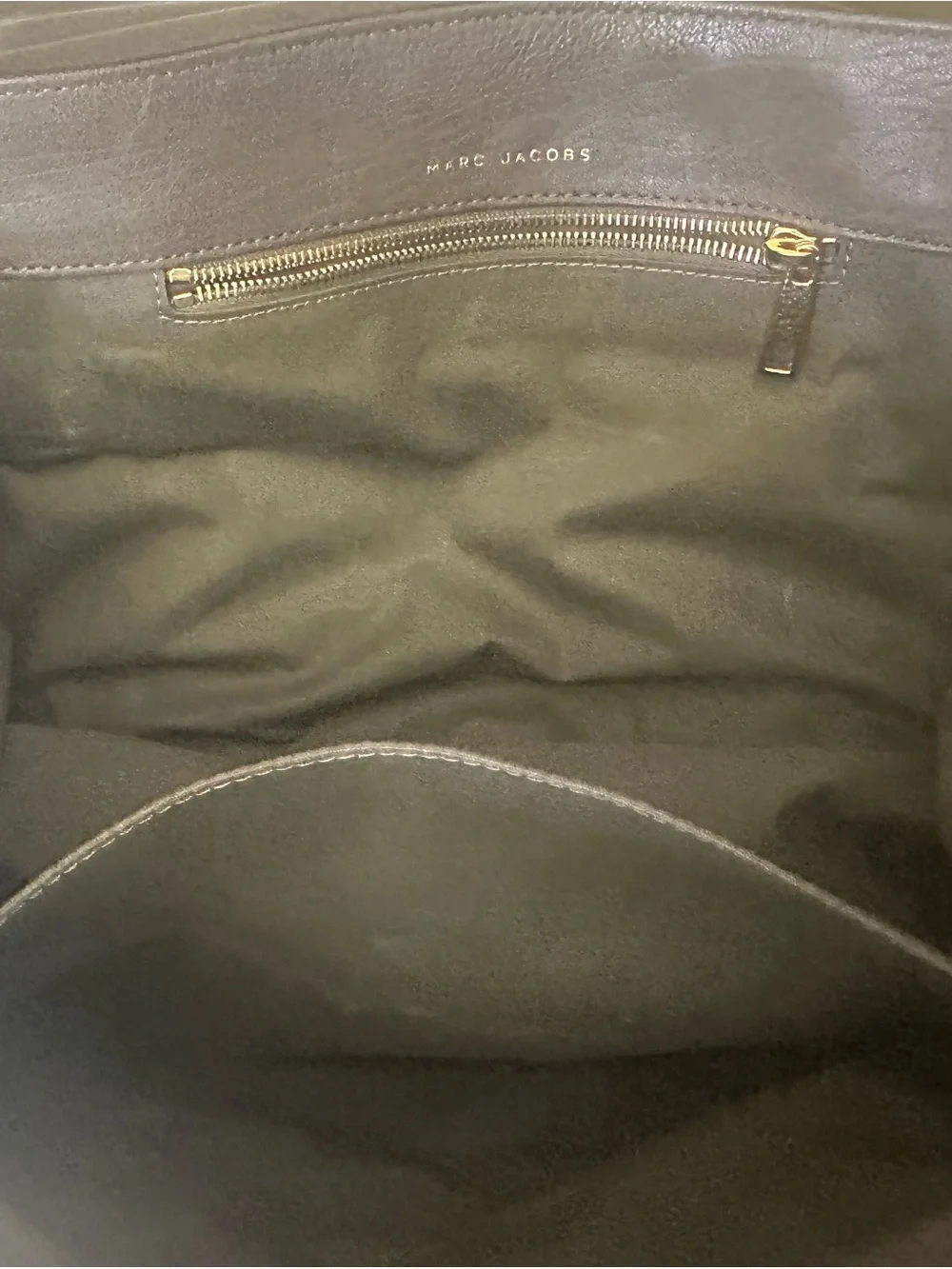 Marc Jacobs Taupe Stanton Leather Top-Handle Satchel with Gold Hardware.